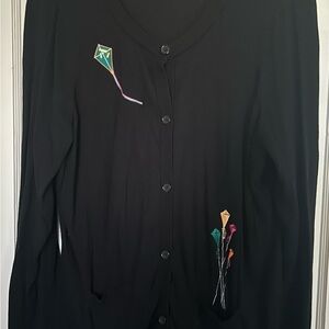 Black Cardigan with Kite Embroidery